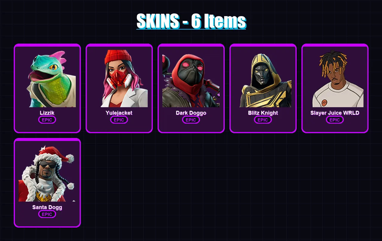 [PC/XBOX/PSN] | Lizzik | Yulejacket | Dark Doggo | Blitz Knight | Slayer Juice WRLD | 6 skin | 45 pickaxe | 19 emote | 25 glider | Lv414