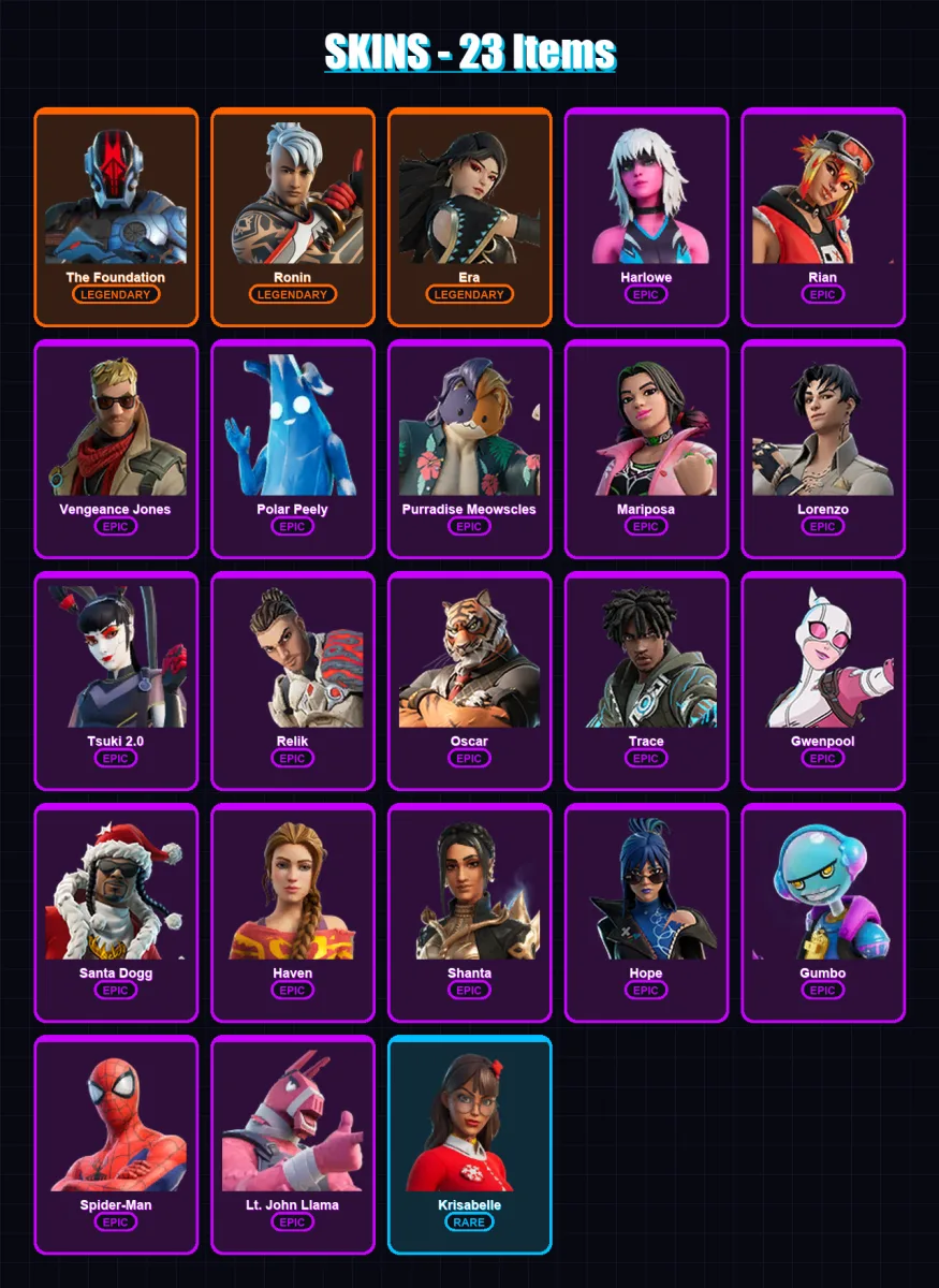 [PS4/PS5/PC] | The Foundation | Ronin | Era | Harlowe | Rian | 23 skin | 32 pickaxe | 29 emote | 37 glider | Lv448