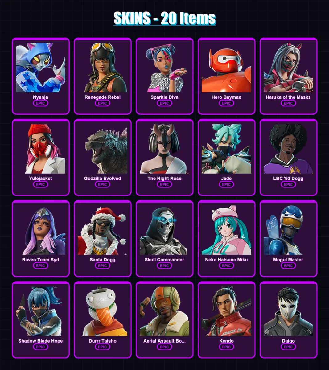 [PC/XBOX/PSN] | Nyanja | Renegade Rebel | Sparkle Diva | Hero Baymax | Haruka of the Masks | 20 skin | 30 pickaxe | 21 emote | 18 glider | Lv198 — Fortnite account