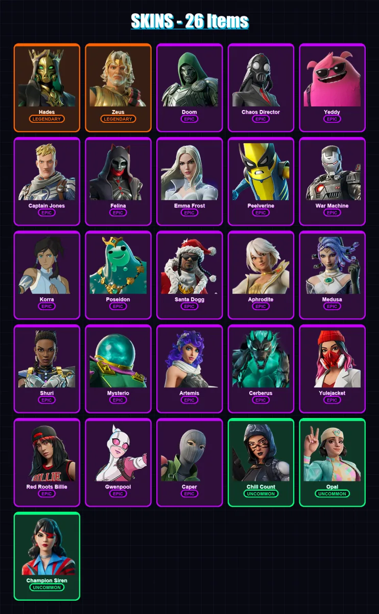 [PC/PSN] | Hades | Zeus | Doom | Chaos Director | Yeddy | 26 skin | 48 pickaxe | 31 emote | 28 glider | Lv350