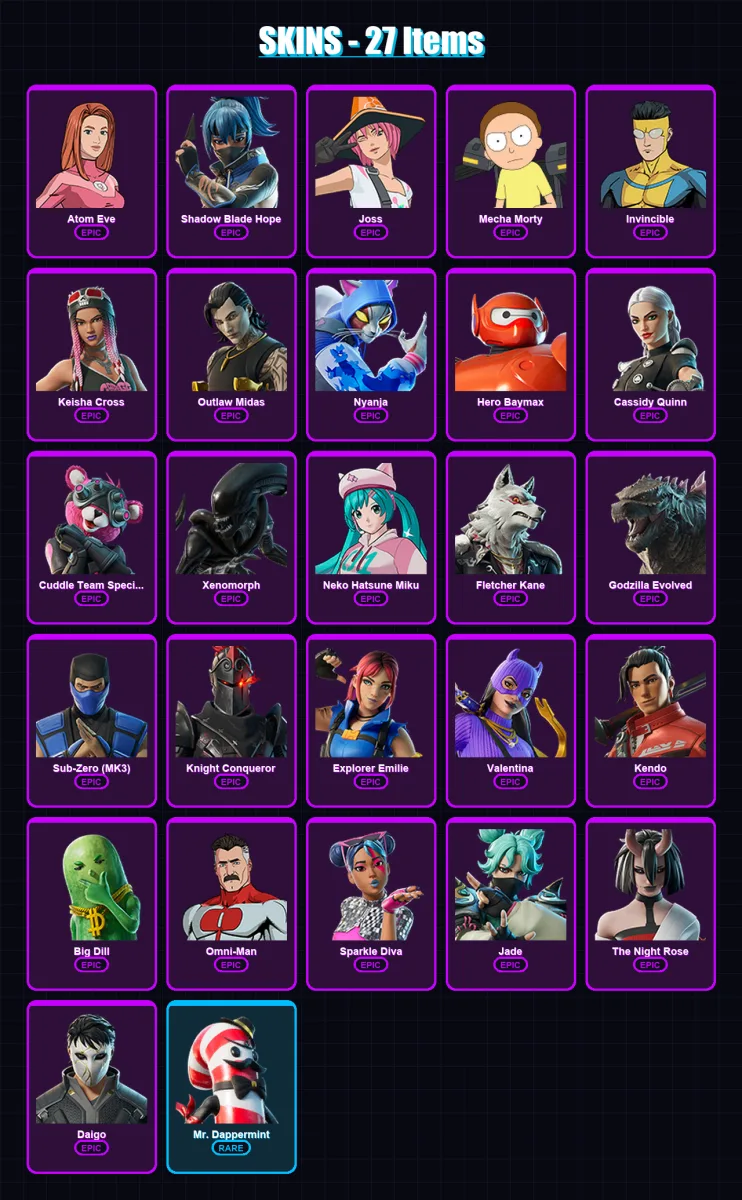 [PC/XBOX/PSN] | Atom Eve | Shadow Blade Hope | Joss | Mecha Morty | Invincible | 27 skin | 26 pickaxe | 33 emote | 23 glider | Lv432 — Fortnite account