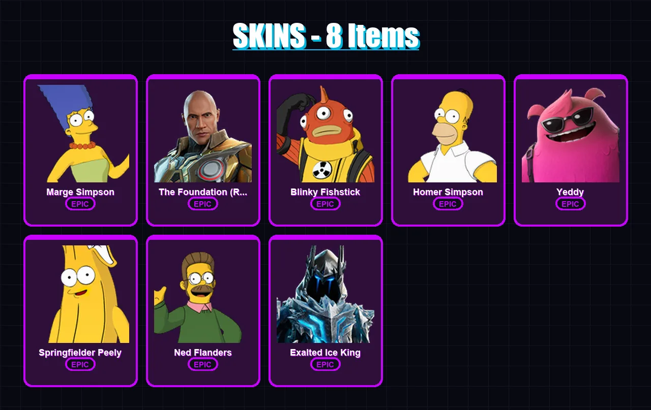 [PC/XBOX] | Marge Simpson | The Foundation (Reforged) | Blinky Fishstick | Homer Simpson | Yeddy | 8 skin | 22 pickaxe | 10 emote | 14 glider | Lv11