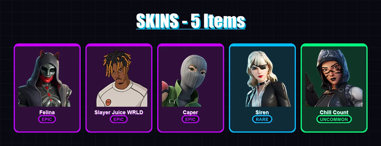 [PS4/PS5/XBOX/PC] | Felina | Slayer Juice WRLD | Caper | Siren | Chill Count | 5 skin | 26 pickaxe | 19 emote | 17 glider | Lv411