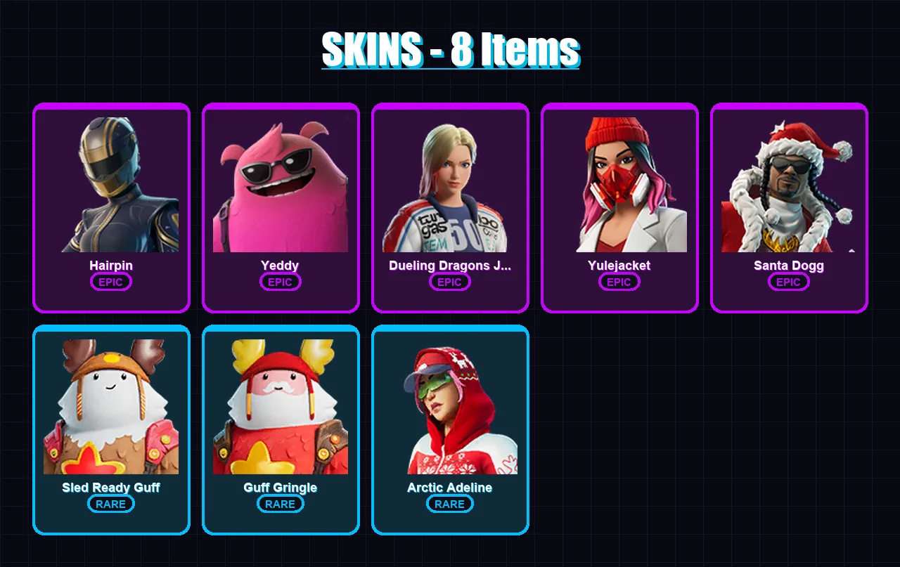[PC/XBOX/PSN] | Hairpin | Yeddy | Dueling Dragons Jackie | Yulejacket | Santa Dogg | 8 skin | 18 pickaxe | 12 emote | 16 glider | Lv184