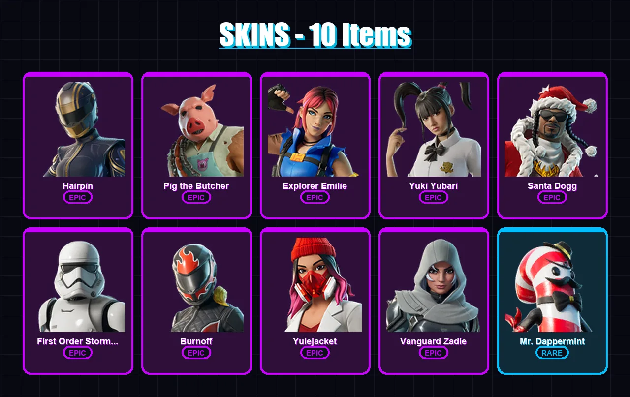 [PS4/PS5/XBOX/PC] | Hairpin | Pig the Butcher | Explorer Emilie | Yuki Yubari | Santa Dogg | 10 skin | 63 pickaxe | 22 emote | 36 glider | Lv483