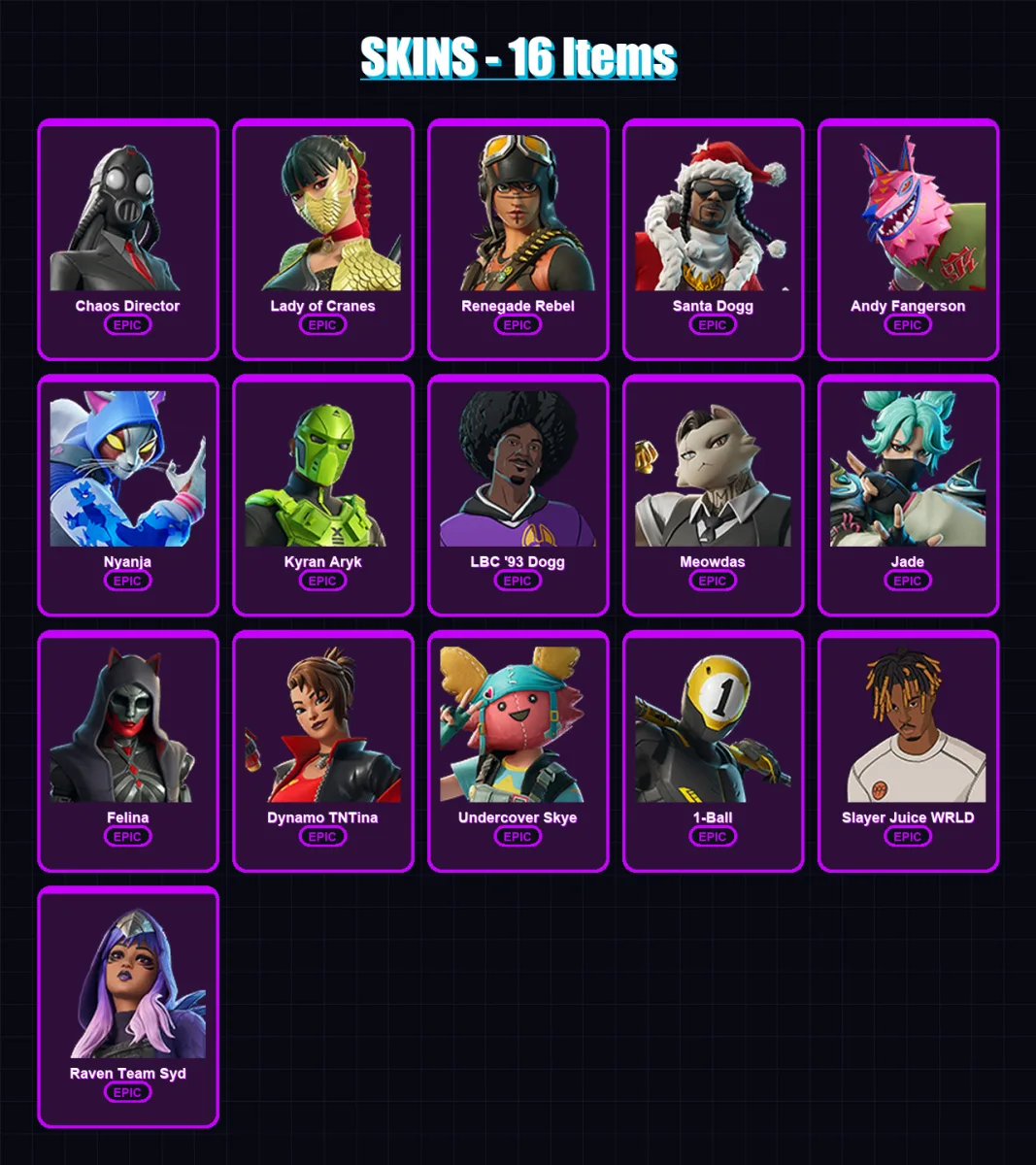 [PC/XBOX/PSN] | Chaos Director | Lady of Cranes | Renegade Rebel | Santa Dogg | Andy Fangerson | 16 skin | 28 pickaxe | 15 emote | 13 glider | Lv155