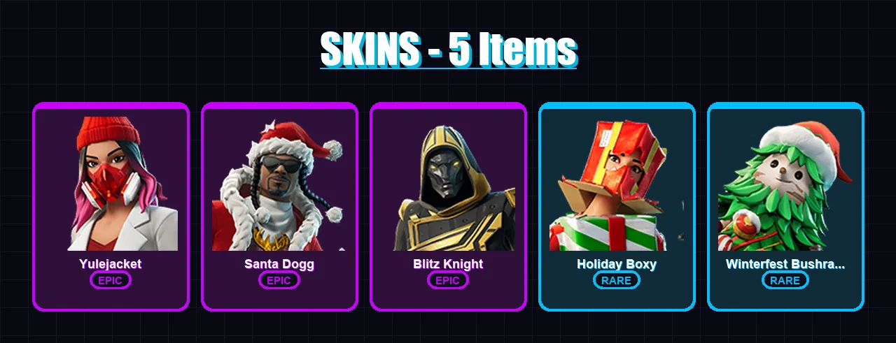 [PC/XBOX/PSN] | Yulejacket | Santa Dogg | Blitz Knight | Holiday Boxy | Winterfest Bushranger | 5 skin | 23 pickaxe | 9 emote | 15 glider | Lv176
