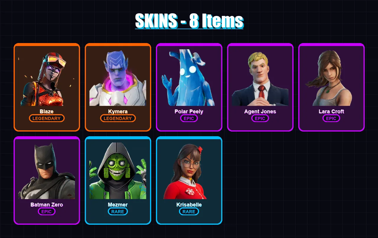 [PC/XBOX] | Blaze | Kymera | Polar Peely | Agent Jones | Lara Croft | 8 skin | 15 pickaxe | 11 emote | 10 glider | Lv140
