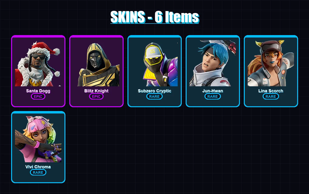 [PS4/PS5/XBOX/PC] | Santa Dogg | Blitz Knight | Subzero Cryptic | Jun-Hwan | Lina Scorch | 6 skin | 16 pickaxe | 12 emote | 22 glider | Lv276