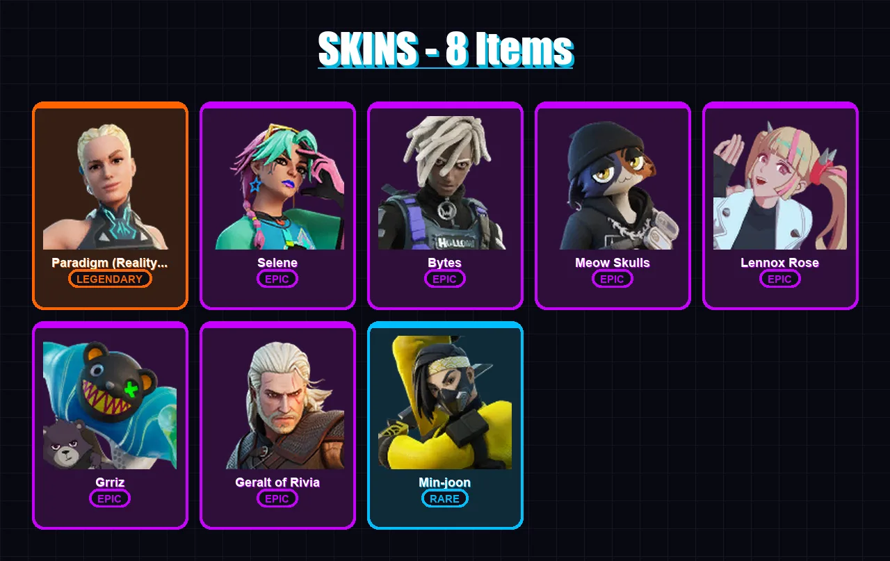 [PC/XBOX/PSN] | Paradigm (Reality-659) | Selene | Bytes | Meow Skulls | Lennox Rose | 8 skin | 18 pickaxe | 13 emote | 19 glider | Lv238