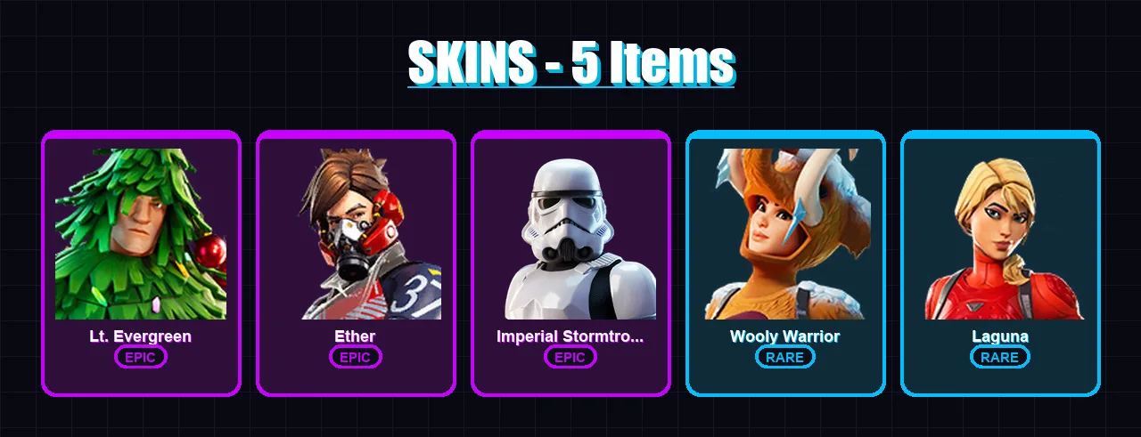 [PC/XBOX/PSN] | Lt. Evergreen | Ether | Imperial Stormtrooper | Wooly Warrior | Laguna | 5 skin | 6 pickaxe | 4 emote | 3 glider | Lv55