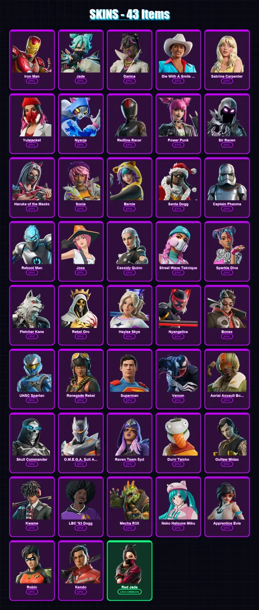 [PC/XBOX/PSN] | Iron Man | Jade | Danica | Die With A Smile Bruno | Sabrina Carpenter | 43 skin | 53 pickaxe | 36 emote | 29 glider | Lv144