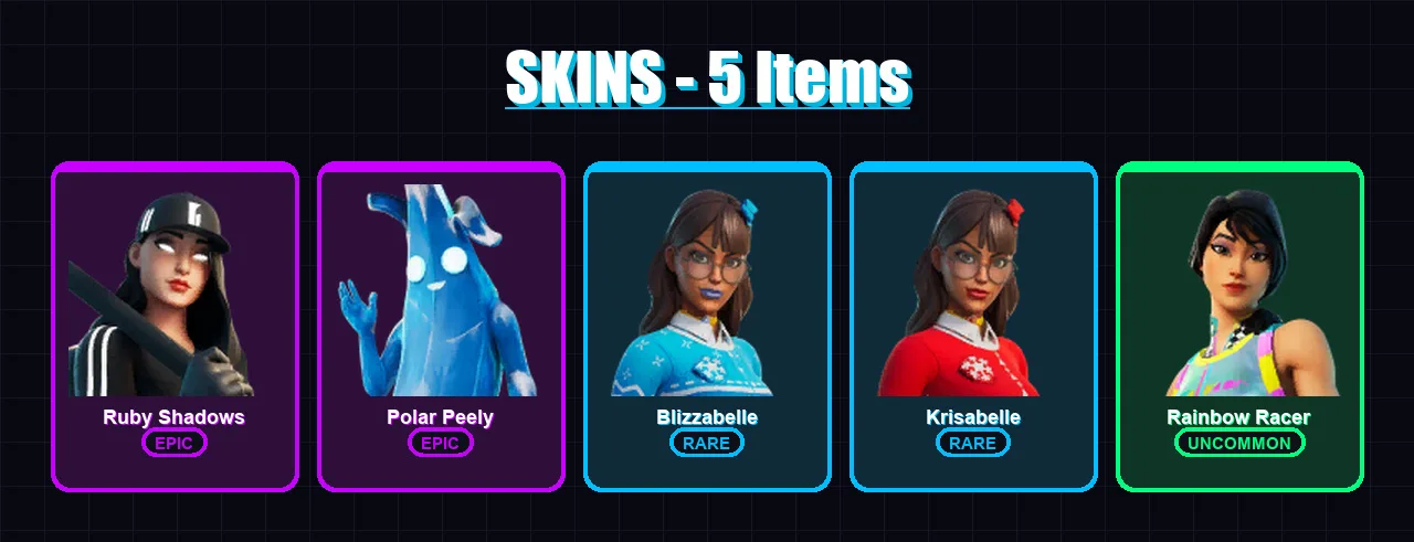 [PC/PSN] | Ruby Shadows | Polar Peely | Blizzabelle | Krisabelle | Rainbow Racer | 5 skin | 11 pickaxe | 6 emote | 10 glider | Lv125