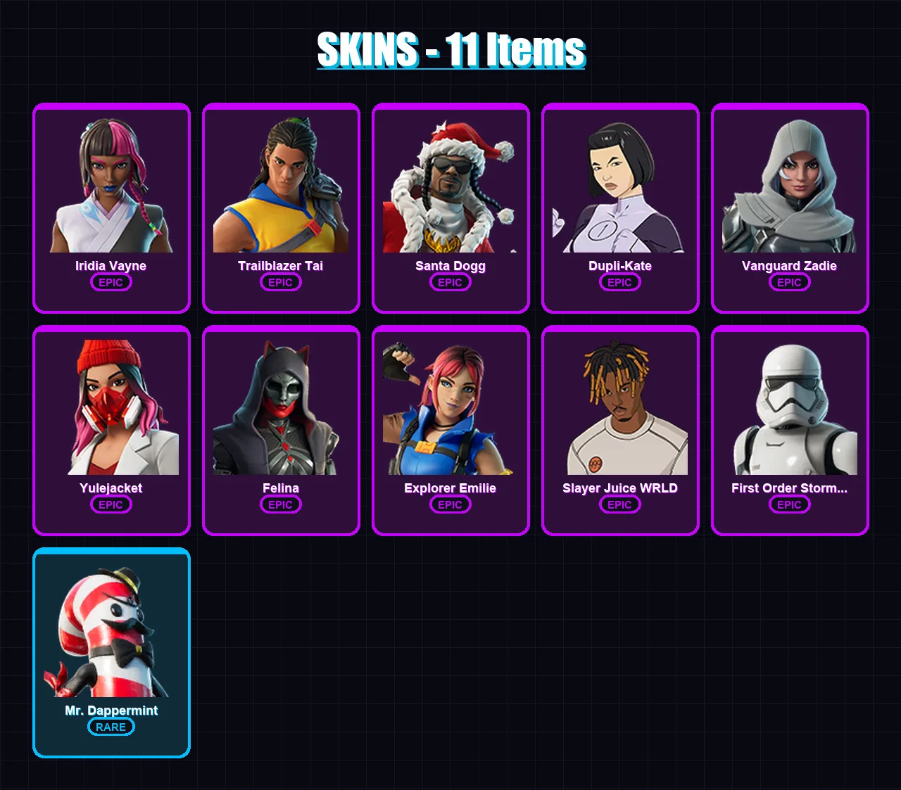 [PC/XBOX/PSN] | Iridia Vayne | Trailblazer Tai | Santa Dogg | Dupli-Kate | Vanguard Zadie | 11 skin | 51 pickaxe | 22 emote | 31 glider | Lv969