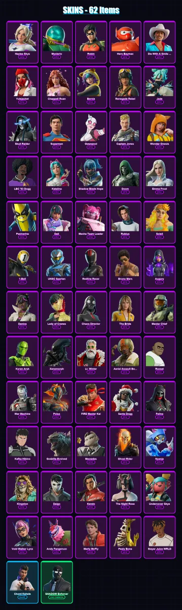 [PC/PSN] | Haylee Skye | Mysterio | Robin | Hero Baymax | Die With A Smile Bruno | 62 skin | 86 pickaxe | 61 emote | 40 glider | Lv412