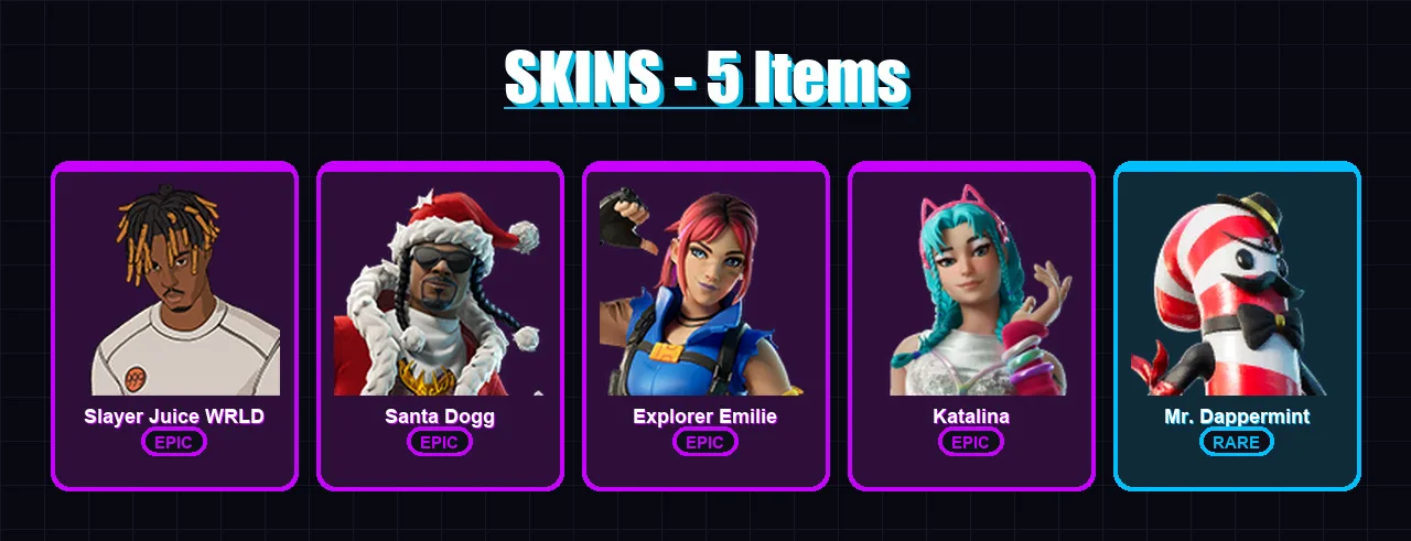 [PC/XBOX/PSN] | Slayer Juice WRLD | Santa Dogg | Explorer Emilie | Katalina | Mr. Dappermint | 5 skin | 13 pickaxe | 6 emote | 8 glider | Lv79
