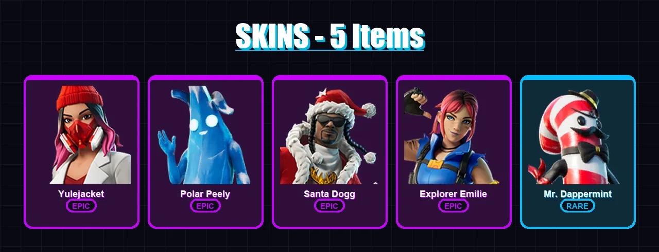 [PS4/PS5/PC] | Yulejacket | Polar Peely | Santa Dogg | Explorer Emilie | Mr. Dappermint | 5 skin | 14 pickaxe | 3 emote | 8 glider | Lv84