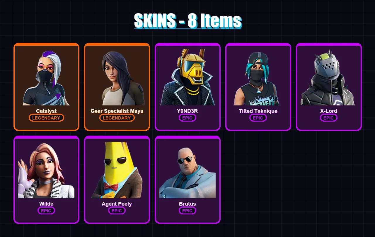 [PC/XBOX/PSN] | Catalyst | Gear Specialist Maya | Y0ND3R | Tilted Teknique | X-Lord | 8 skin | 6 pickaxe | 16 emote | 16 glider | Lv182
