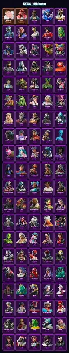 [PC/PSN] | Peter Griffin | Valeria | Snoop Dogg | Nyanja | Rebel Oro | 108 skin | 114 pickaxe | 80 emote | 70 glider | Lv652
