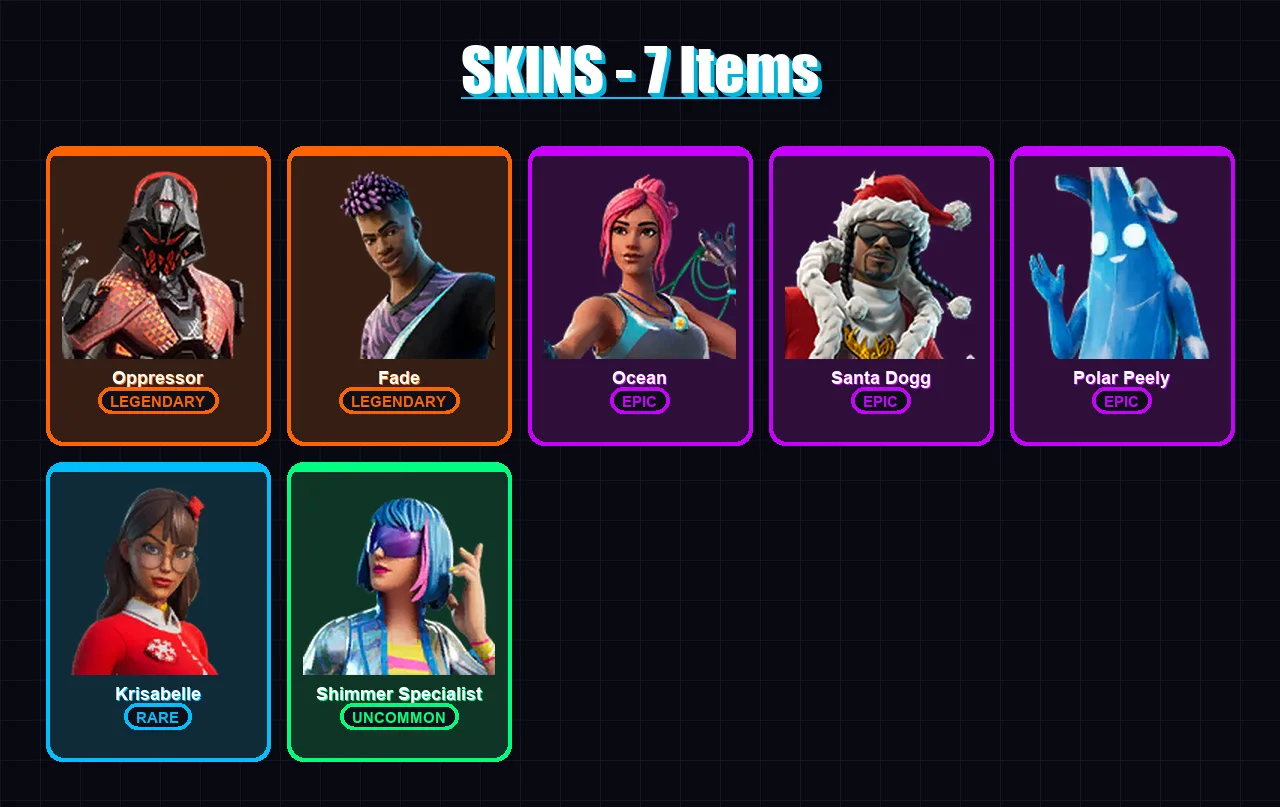 [PC/XBOX/PSN] | Oppressor | Fade | Ocean | Santa Dogg | Polar Peely | 7 skin | 10 pickaxe | 11 emote | 10 glider | Lv106