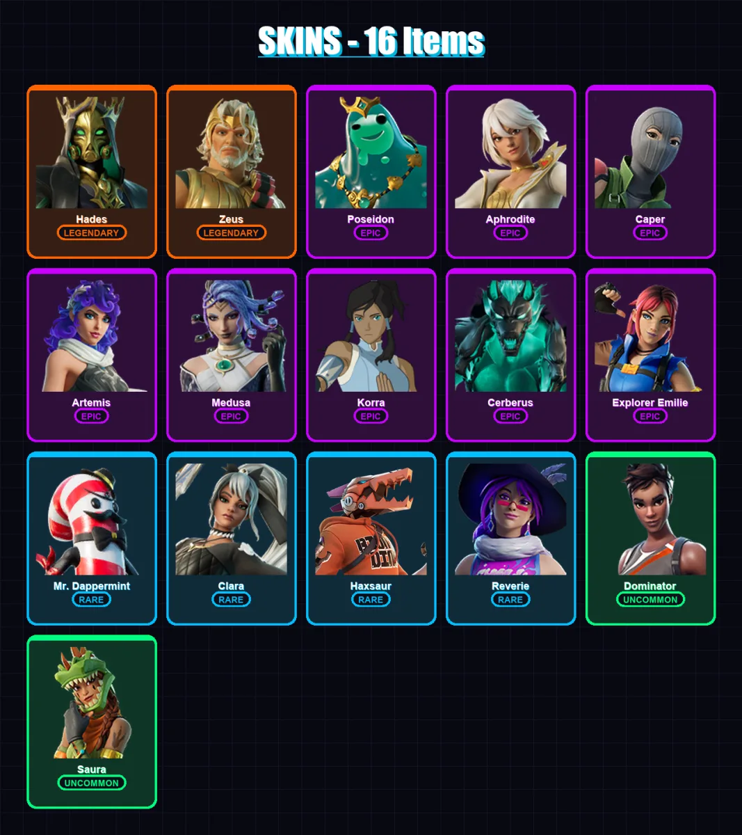 [PC/XBOX/PSN] | Hades | Zeus | Poseidon | Aphrodite | Caper | 16 skin | 37 pickaxe | 18 emote | 28 glider | Lv512