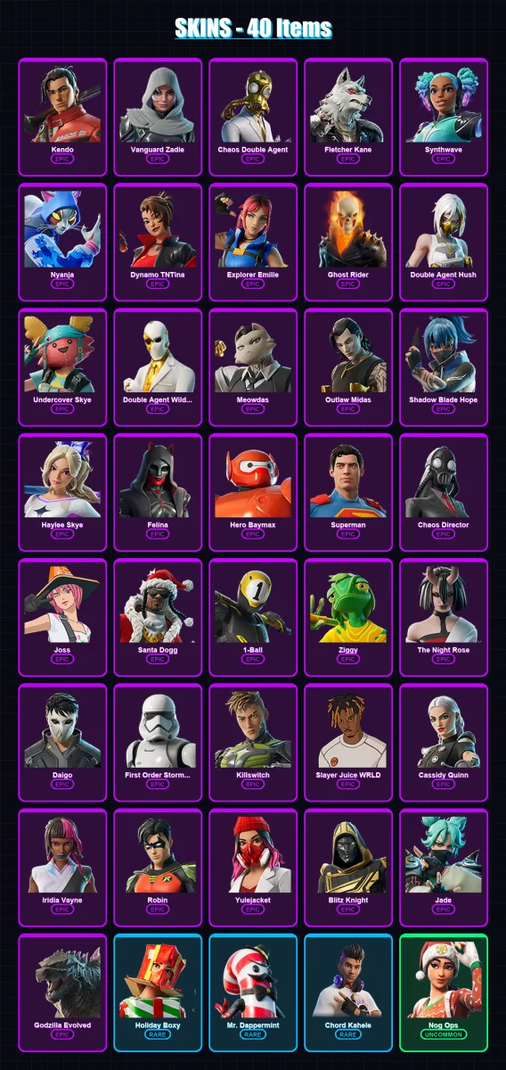 [PC/PSN] | Kendo | Vanguard Zadie | Chaos Double Agent | Fletcher Kane | Synthwave | 40 skin | 82 pickaxe | 48 emote | 62 glider | Lv899