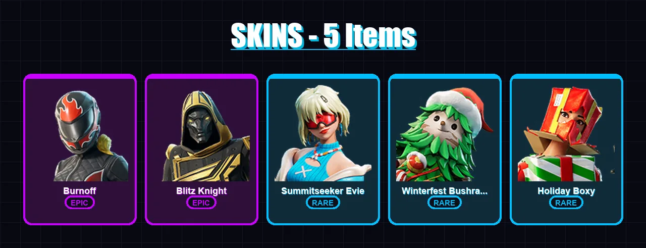 [PC/PSN] | Burnoff | Blitz Knight | Summitseeker Evie | Winterfest Bushranger | Holiday Boxy | 5 skin | 19 pickaxe | 5 emote | 17 glider | Lv215