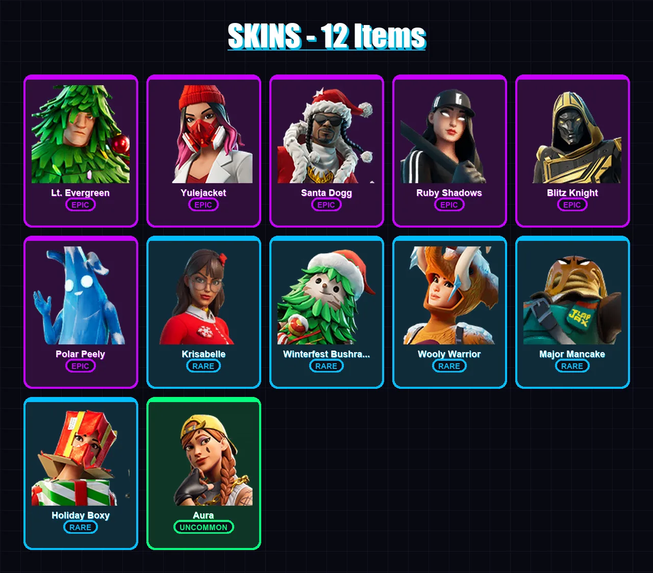 [PC/XBOX/PSN] | Lt. Evergreen | Yulejacket | Santa Dogg | Ruby Shadows | Blitz Knight | 12 skin | 57 pickaxe | 39 emote | 51 glider | Lv832