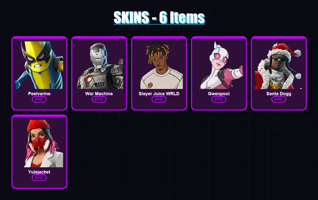 [PS4/PS5/XBOX/PC] | Peelverine | War Machine | Slayer Juice WRLD | Gwenpool | Santa Dogg | 6 skin | 31 pickaxe | 15 emote | 14 glider | Lv224