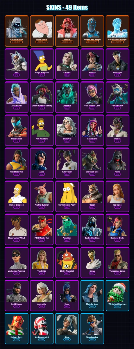 [PC/XBOX] | Frozen Raven | Peter Griffin | Valeria | Frozen Red Knight | Frozen Love Ranger | 49 skin | 70 pickaxe | 46 emote | 44 glider | Lv683