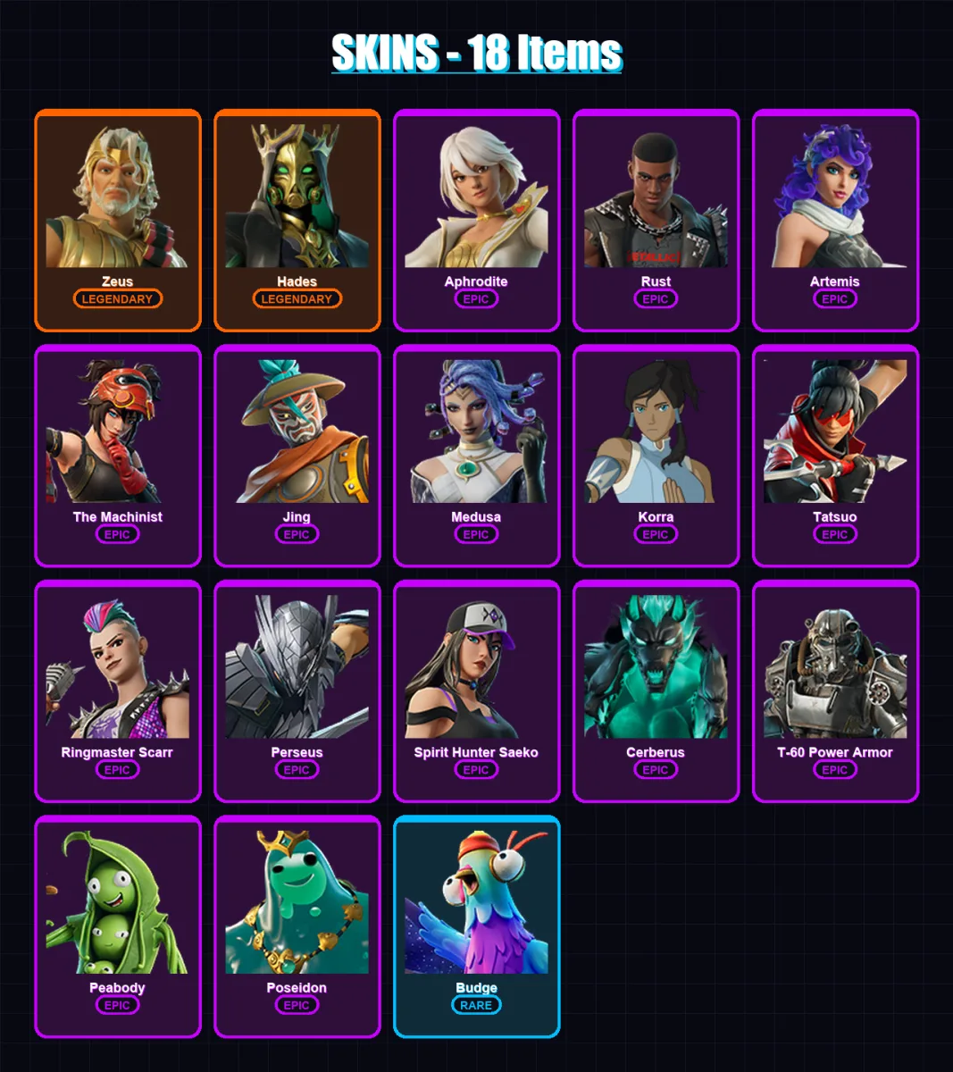 [PC/PSN] | Zeus | Hades | Aphrodite | Rust | Artemis | 18 skin | 23 pickaxe | 16 emote | 18 glider | Lv203