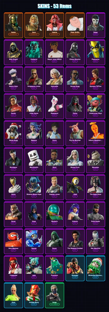[PC/XBOX/PSN] | Hades | Zeus | Valeria | Peter Griffin | Daigo | 53 skin | 90 pickaxe | 76 emote | 58 glider | Lv1192