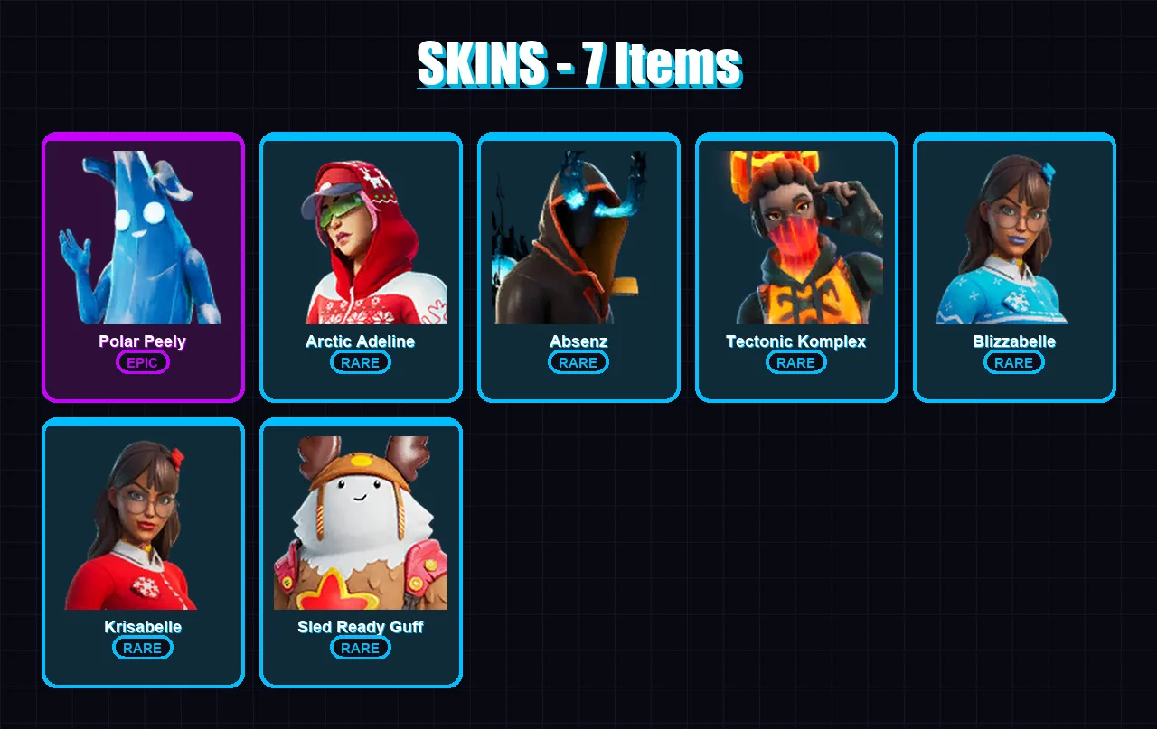 [PC/XBOX] | Polar Peely | Arctic Adeline | Absenz | Tectonic Komplex | Blizzabelle | 7 skin | 20 pickaxe | 22 emote | 22 glider | Lv363