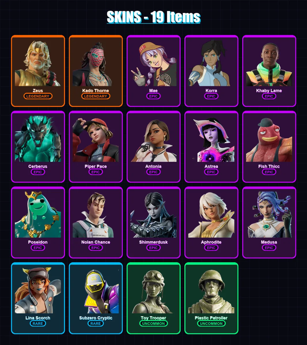 [PC/XBOX/PSN] | Zeus | Kado Thorne | Mae | Korra | Khaby Lame | 19 skin | 24 pickaxe | 18 emote | 18 glider | Lv206