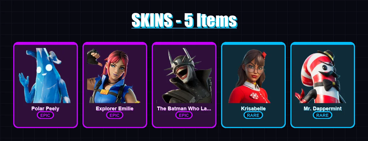 [PC/XBOX/PSN] | Polar Peely | Explorer Emilie | The Batman Who Laughs | Krisabelle | Mr. Dappermint | 5 skin | 6 pickaxe | 3 emote | 4 glider | Lv23
