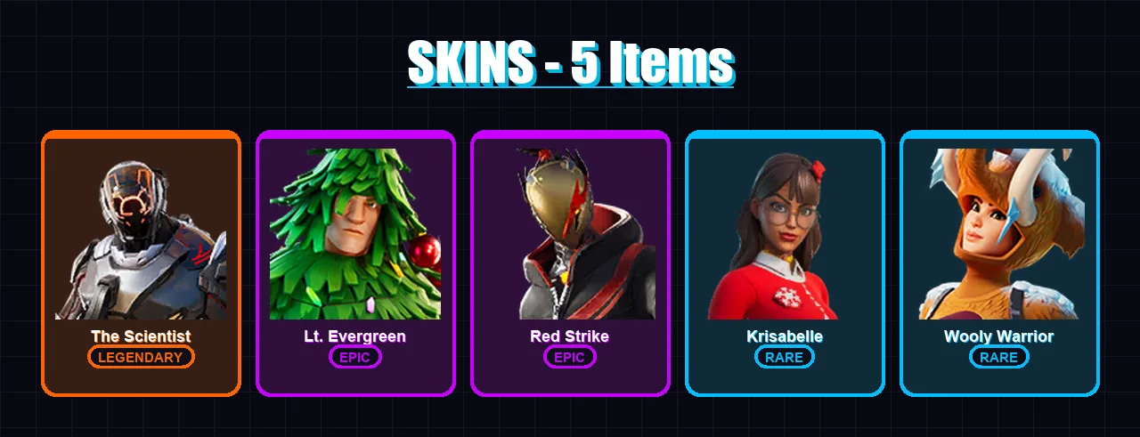 [PS4/PS5/XBOX/PC] | The Scientist | Lt. Evergreen | Red Strike | Krisabelle | Wooly Warrior | 5 skin | 14 pickaxe | 22 emote | 22 glider | Lv395