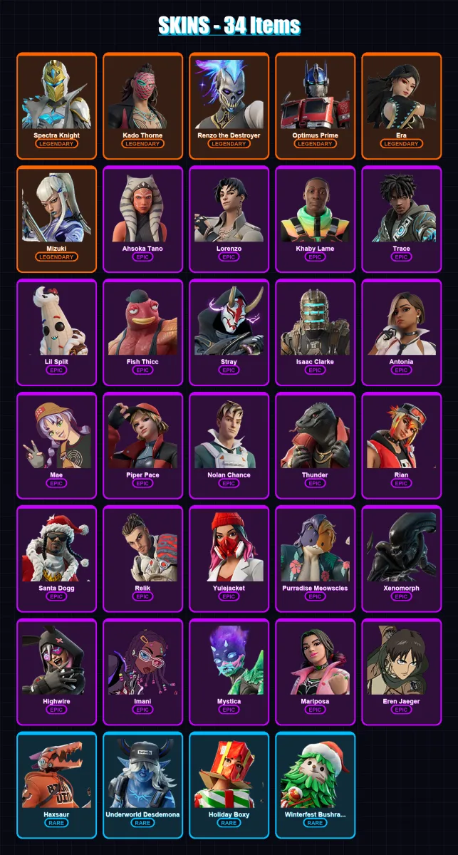 [PC/XBOX/PSN] | Spectra Knight | Kado Thorne | Renzo the Destroyer | Optimus Prime | Era | 34 skin | 46 pickaxe | 35 emote | 40 glider | Lv671
