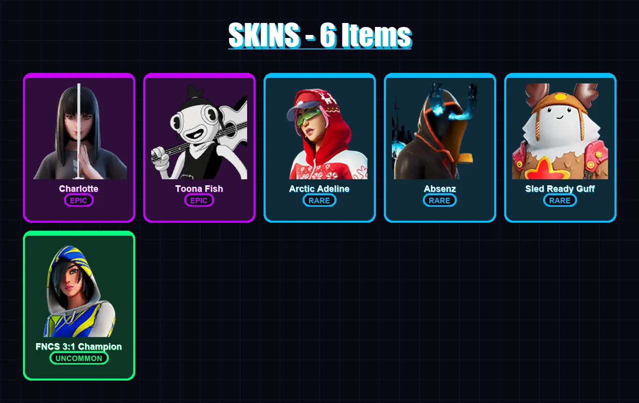 [PC/PSN] | Charlotte | Toona Fish | Arctic Adeline | Absenz | Sled Ready Guff | 6 skin | 8 pickaxe | 5 emote | 8 glider | Lv78