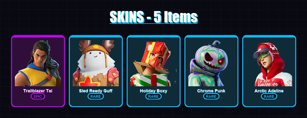 [PC/PSN] | Trailblazer Tai | Sled Ready Guff | Holiday Boxy | Chrome Punk | Arctic Adeline | 5 skin | 10 pickaxe | 5 emote | 11 glider | Lv155