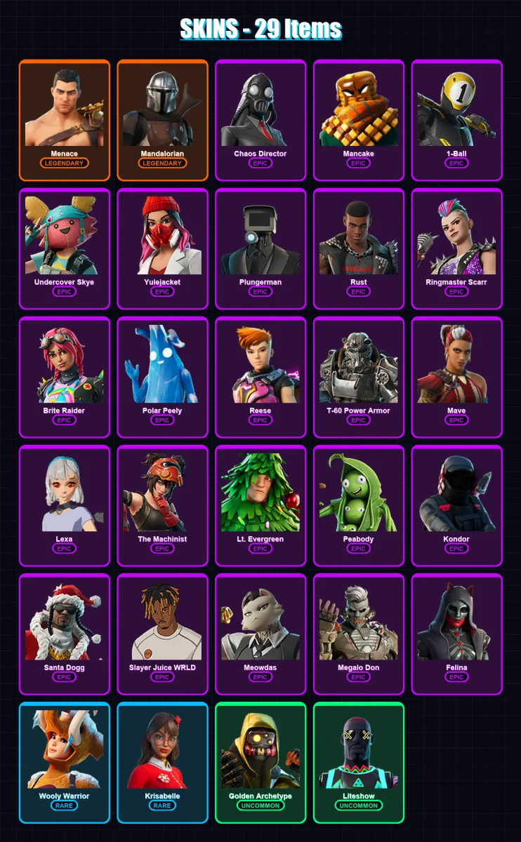 [PS4/PS5/XBOX/PC] | Menace | Mandalorian | Chaos Director | Mancake | 1-Ball | 29 skin | 77 pickaxe | 42 emote | 57 glider | Lv949