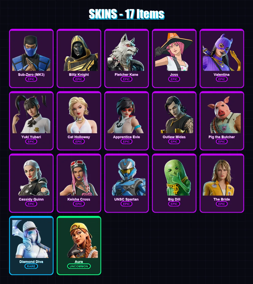 [PC/XBOX] | Sub-Zero (MK3) | Blitz Knight | Fletcher Kane | Joss | Valentina | 17 skin | 49 pickaxe | 21 emote | 33 glider | Lv349