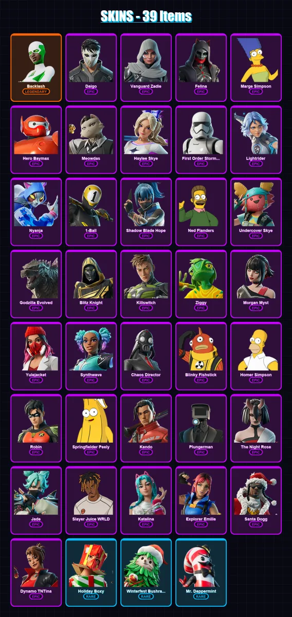 [PC/XBOX] | Backlash | Daigo | Vanguard Zadie | Felina | Marge Simpson | 39 skin | 80 pickaxe | 47 emote | 57 glider | Lv974