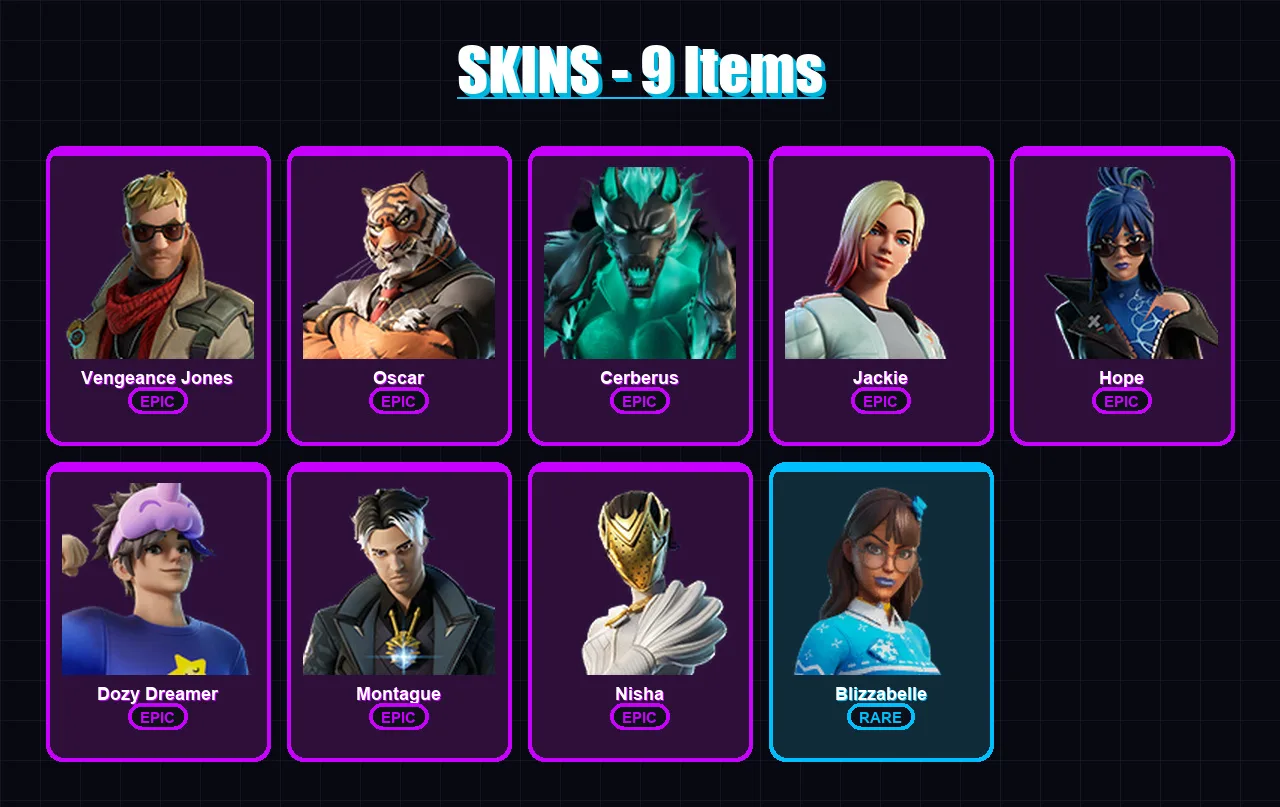 [PC/XBOX/PSN] | Vengeance Jones | Oscar | Cerberus | Jackie | Hope | 9 skin | 28 pickaxe | 22 emote | 22 glider | Lv495