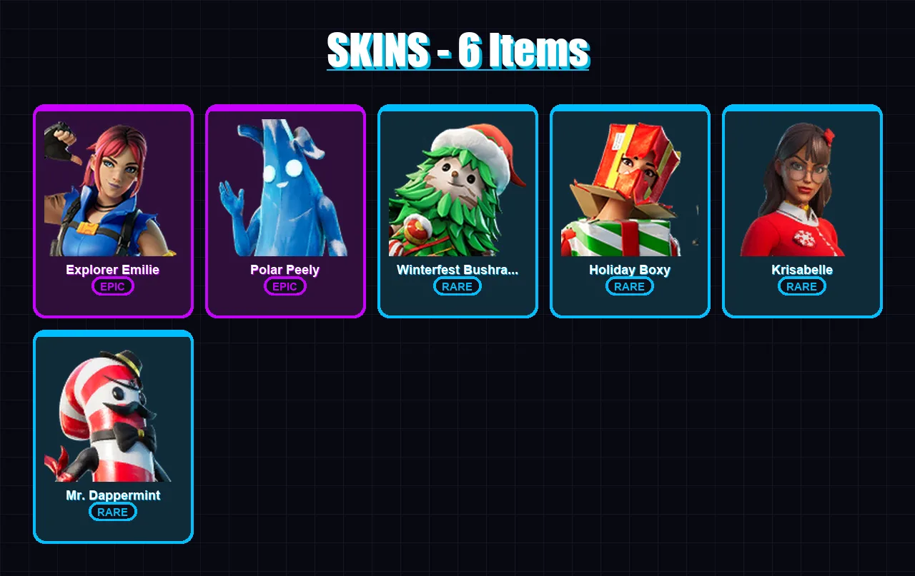 [PC/XBOX/PSN] | Explorer Emilie | Polar Peely | Winterfest Bushranger | Holiday Boxy | Krisabelle | 6 skin | 20 pickaxe | 11 emote | 20 glider | Lv3