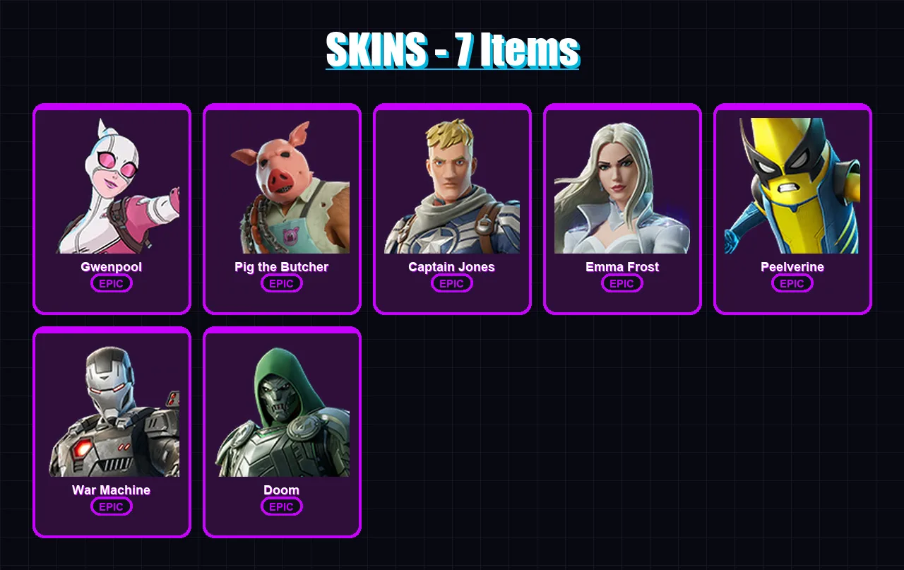 [PC/XBOX/PSN] | Gwenpool | Pig the Butcher | Captain Jones | Emma Frost | Peelverine | 7 skin | 19 pickaxe | 10 emote | 11 glider | Lv111