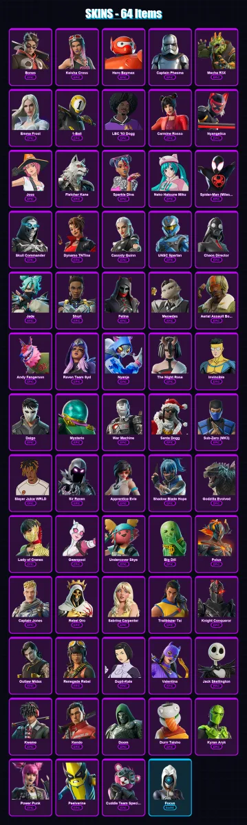 [PC/PSN] | Bones | Keisha Cross | Hero Baymax | Captain Phasma | Mecha R3X | 64 skin | 92 pickaxe | 74 emote | 59 glider | Lv1237