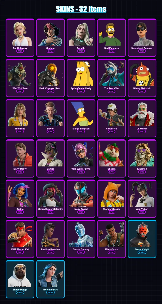 [PC/XBOX/PSN] | Cat Holloway | Sedona | Carletta | Ned Flanders | Unchained Ramirez | 32 skin | 41 pickaxe | 26 emote | 23 glider | Lv295