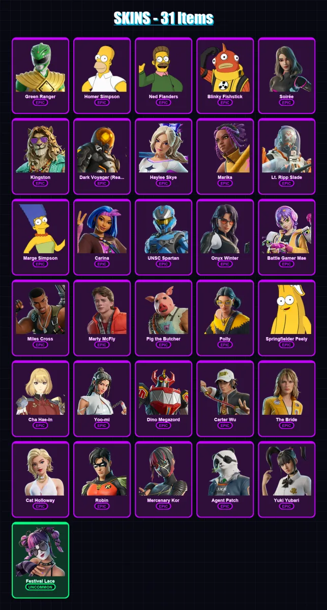 [PC/XBOX/PSN] | Green Ranger | Homer Simpson | Ned Flanders | Blinky Fishstick | Soirée | 31 skin | 67 pickaxe | 39 emote | 38 glider | Lv436