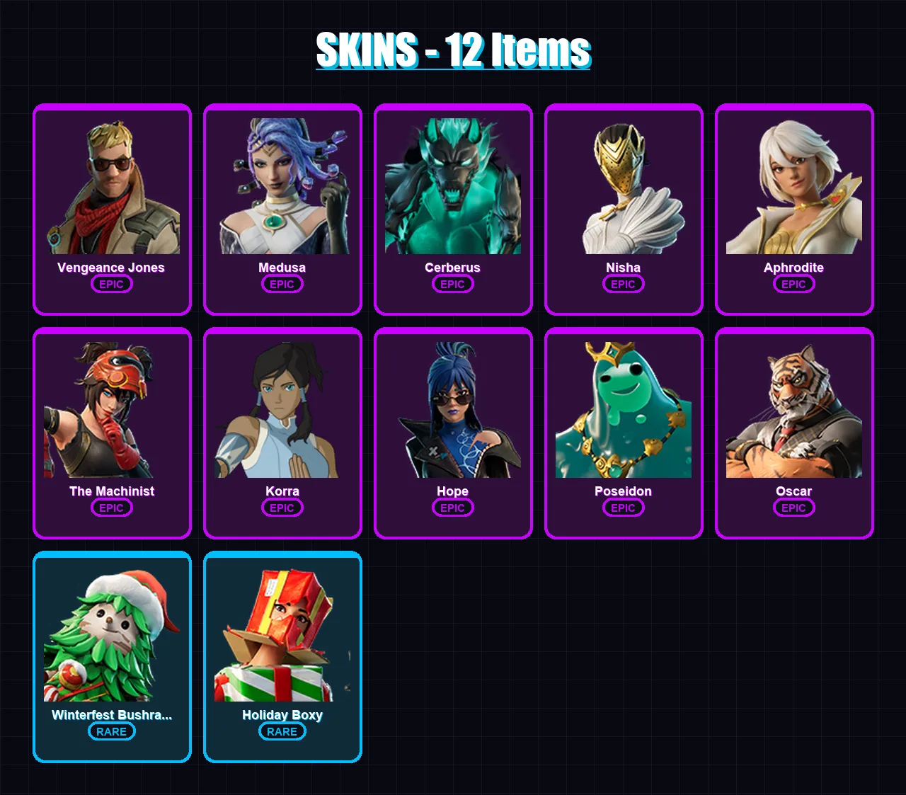 [PC/XBOX/PSN] | Vengeance Jones | Medusa | Cerberus | Nisha | Aphrodite | 12 skin | 18 pickaxe | 11 emote | 21 glider | Lv163 — Fortnite account