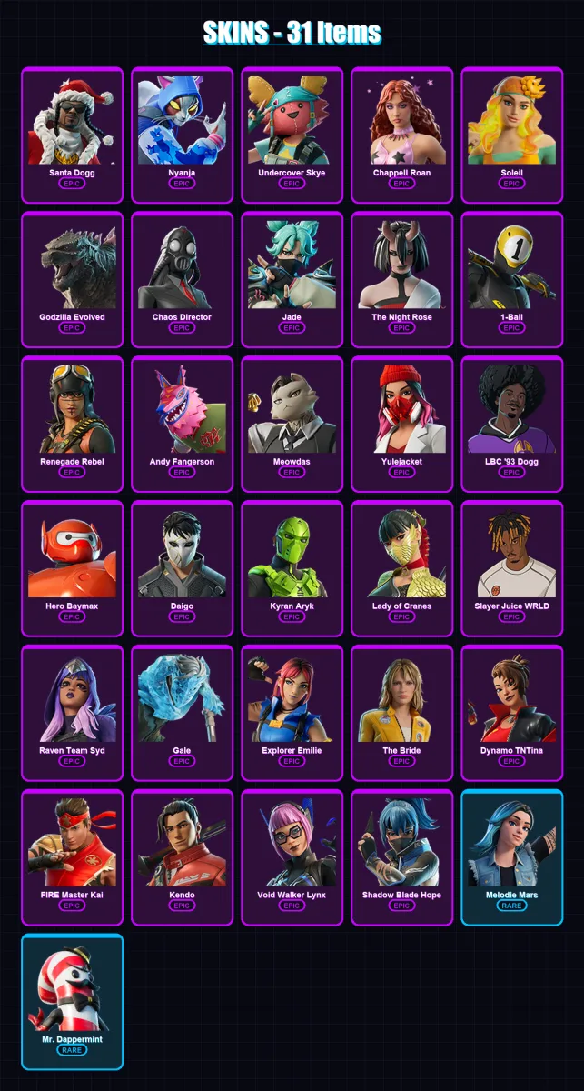 [PC/XBOX/PSN] | Santa Dogg | Nyanja | Undercover Skye | Chappell Roan | Soleil | 31 skin | 46 pickaxe | 25 emote | 30 glider | Lv329